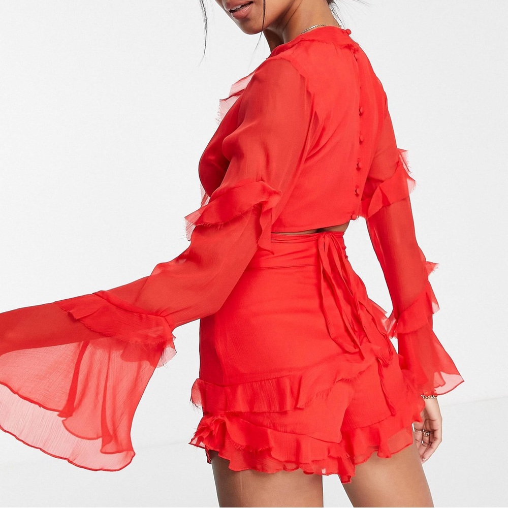 ASOS DESIGN ruffle detail top with tie front in red